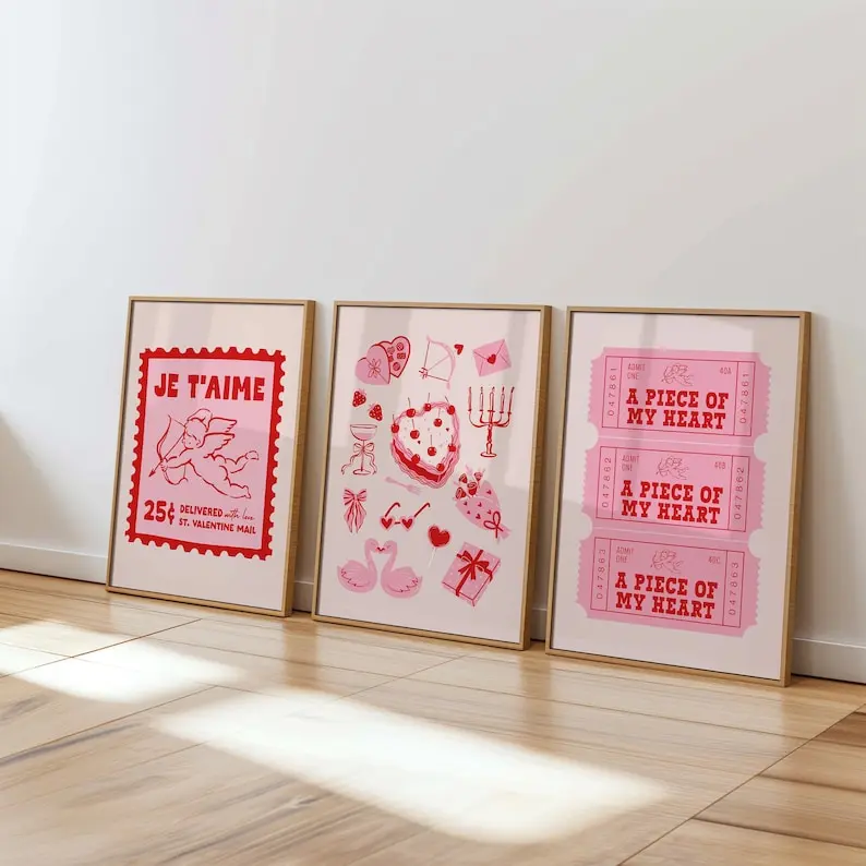 Valentine's Day Set of 3 Posters Pink Romantic Decor, Pink & Red Wall Art Trendy Retro Print, Preppy Cute Wall Art Girly Y2k Decor