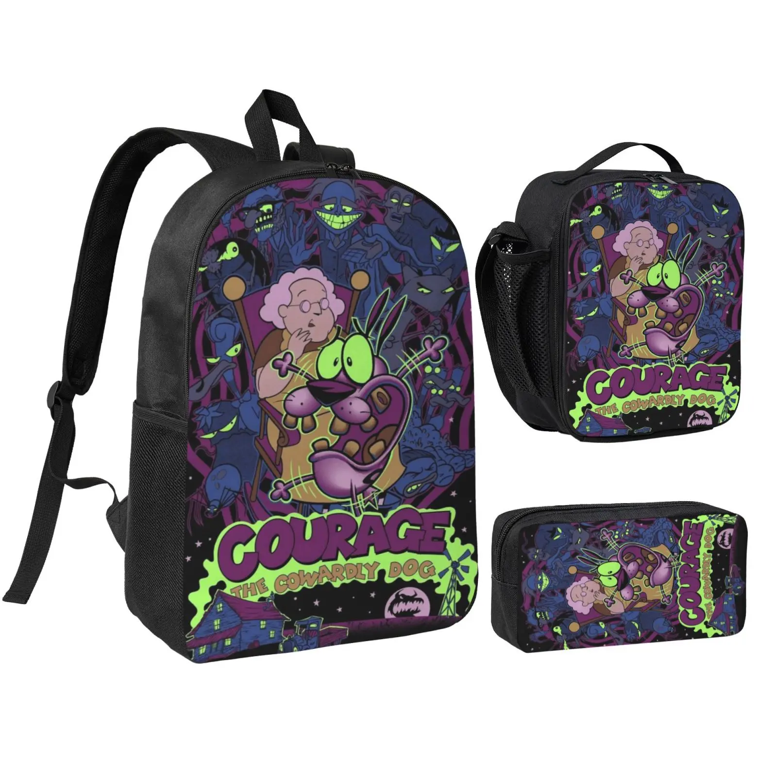 3-Piece Cartoon Backpack Set for Kids & Teens, Courage the Cowardly Dog 4 Print Durable Nylon School Daypack with Breathable Back Panels for Travel, Daily Use, Vibrant Prints