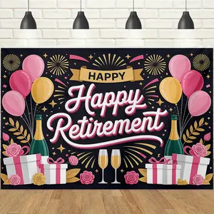 1pc 2D Pink-Gold Happy Retirement Banner, Black Background with Pink-Gold Balloons, Champagne & Gift Boxes, Fireworks & Roses for Festive Vibe, HD Print, Perfect for Retirement Party / Farewell Banquet & Senior Celebration Event Decor Backdrop