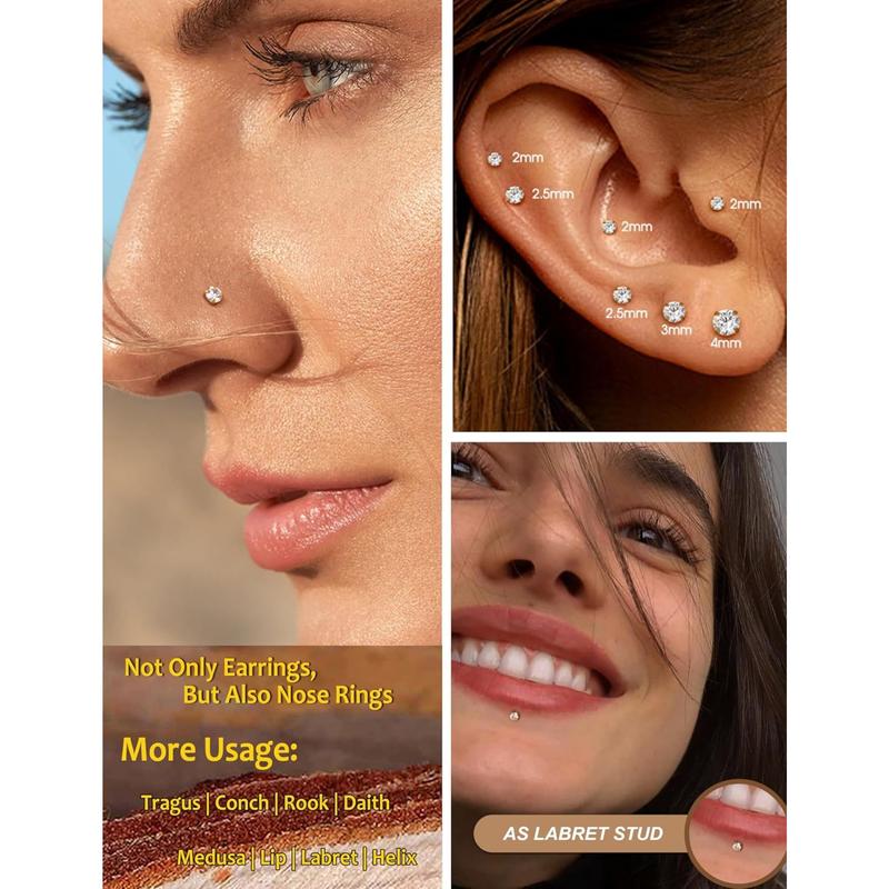 14K Gold Plated Flat Back Stud Earrings - 316L Surgical Steel Internal Thread CZ Stud Piercing Jewelry for Tragus Helix Cartilage Conch Nose Hypoallergenic Lip Monroe Labret Medusa Piercing 16G 18G