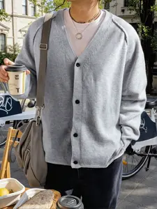 New Men's Casual Loose V-Neck Buttoned Solid Color Hand Knit Long Sleeve Wool Blend Cardigan Jacket, Unisex Fashion Outerwear