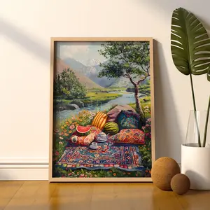 Afghan Landscape Picnic Wall Art Poster With River Carpet Garden Nature Afghanistan Print, Vintage Travel-Inspired Home Decor For Bedroom Living Room, Scenic Oriental Artwork
