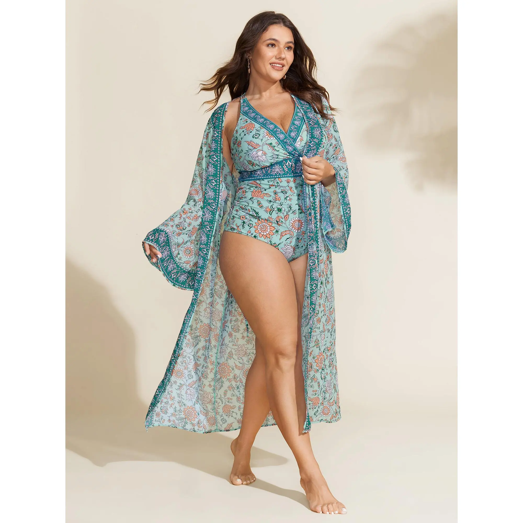 BLOOMCHIC Plus Size Floral Color-Contrast Front-Tie Swim Cover-Up, 2026 Summer Turn-Up Pick for Mother's Day, Sizes M-6X, None 2026 Summer Vibes Swimweek, Bikini Cover Ups, Cute Cover Ups,Summerfinds