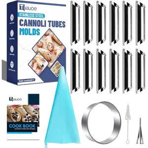 17-piece non-stick stainless steel cannoli tube mold kit; 12 diagonal cannoli molds for Danish pastry, lady lock cream roll