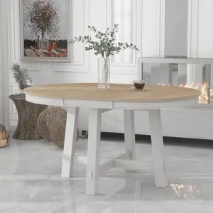 ARCH TREXM Farmhouse Round Extendable Dining Table with 16" Leaf Wood Kitchen Table (Oak Natural Wood + Antique White)