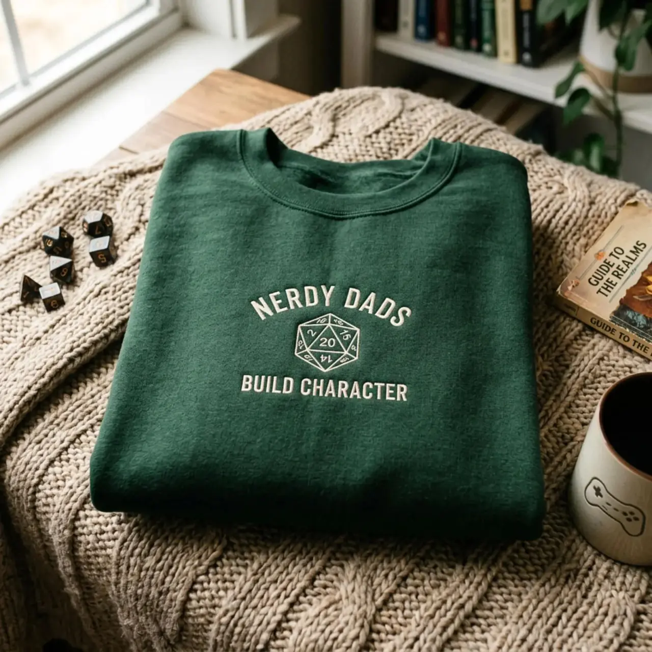 Nerdy Dads Build Character Embroidered Sweatshirt, DND Dad Shirt, Tabletop RPG Father, Gamer Dad Gift, Funny Dice Sweatshirt