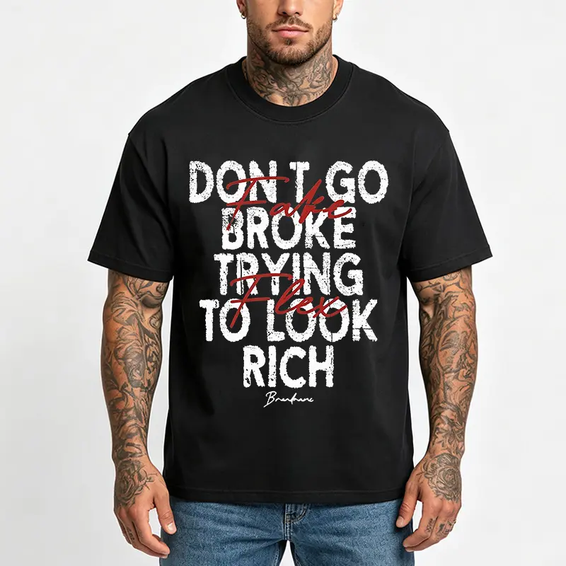 Men's Hip Hop Street Style Streetwear T-Shirt, Menswear Oversized Top with Don't Go Broke' Print, Casual Cotton Short Sleeve