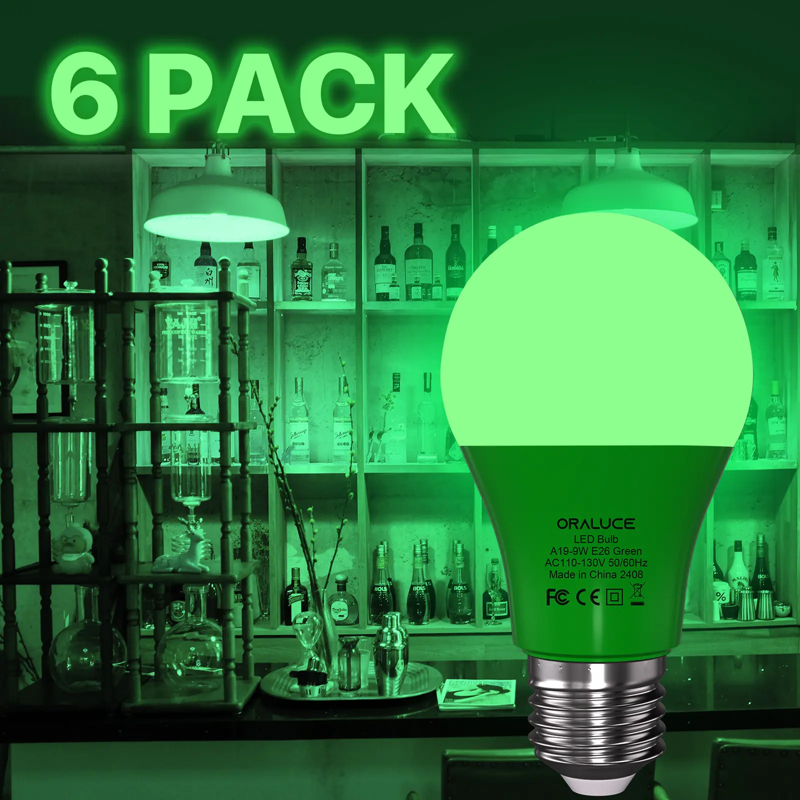 Green Light Bulb Indoor Outdoor, A19 Color Lights Bulb,Colorful E26 LED Bulb 60 Watt Non-Dimmable, for Bedroom, Lamps, Patio, Halloween, Christmas, Party, Holiday, 6 Pack