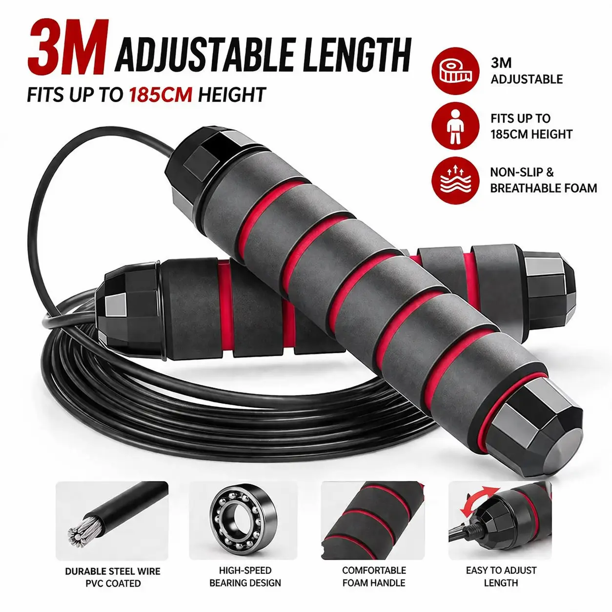 Adjustable 3M Speed Jump Rope with Tangle-Free Steel Wire Cable, Non-Slip Foam Handles and Ball Bearings for Unisex Fitness & Home Gym Workouts, Adjustable Ropes, Jump Rope Fitness