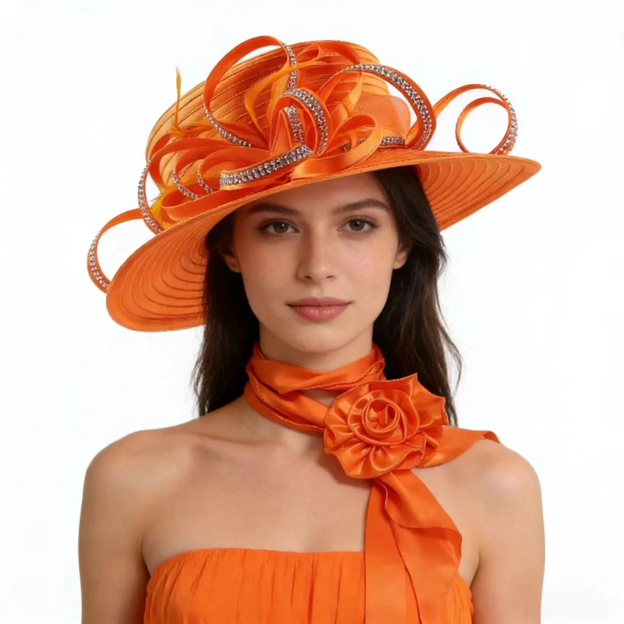 2-piece Set, Fashionable Orange Hot Diamond Big Eaves Hat + Three-dimensional Rose Decorative Silk Scarf Set, Women's Church Derby Dress Hat, Wide-brimmed Tea Party Wedding Hat, Elegant Temperament Banquet Party Bridal Dress Accessories