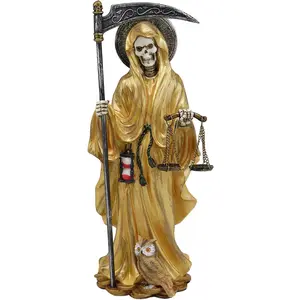 Standing Santa Muerte Holding Scythe and Scales of Justice in Gold Robe Statue
