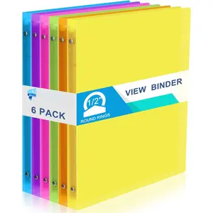 6 Pack Plastic 3 Ring Binder Assorted Colors Economy Flexible Round Ring Presentation Binders with Pocket for Office School Meeting(0.5 Inch,Clear)