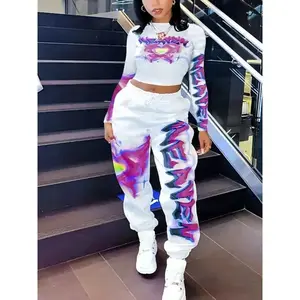 Casual Long Sleeve Heart Letter Print Two Piece Set - Ladies Top and Sweatpants - Style Clothes Elastic