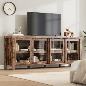 TV Stand for 65 Inch Entertainment Center with Storage Cabinet and 4 Sliding Glass Doors Mid Century Modern Media TV Console Table for Living Room Bedroom Retro Brown