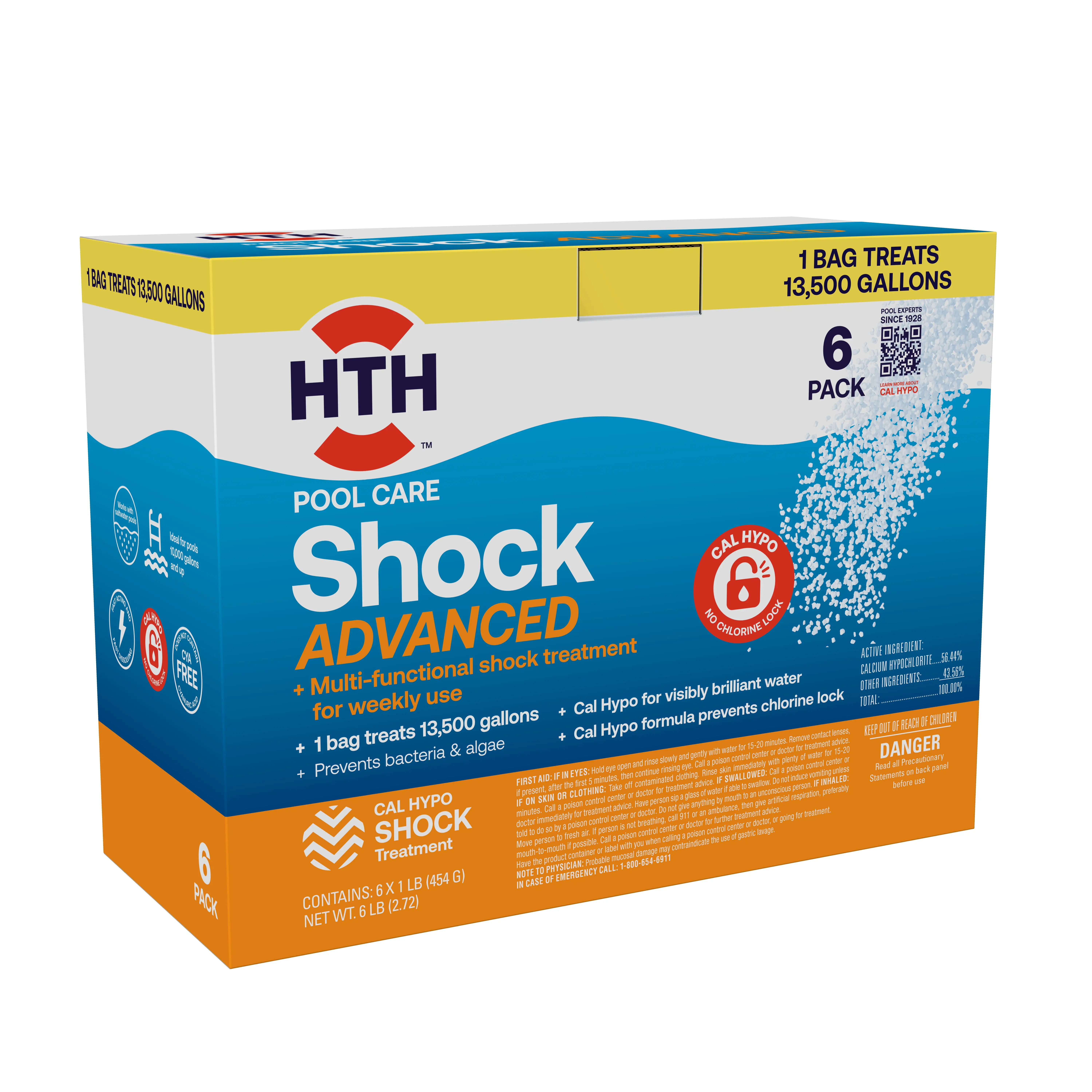 HTH Pool Care Shock Advanced Treatment For Swimming Pool Sanitizing Cal Hypo Granules Formula 1 lb Cans Pack Of 6