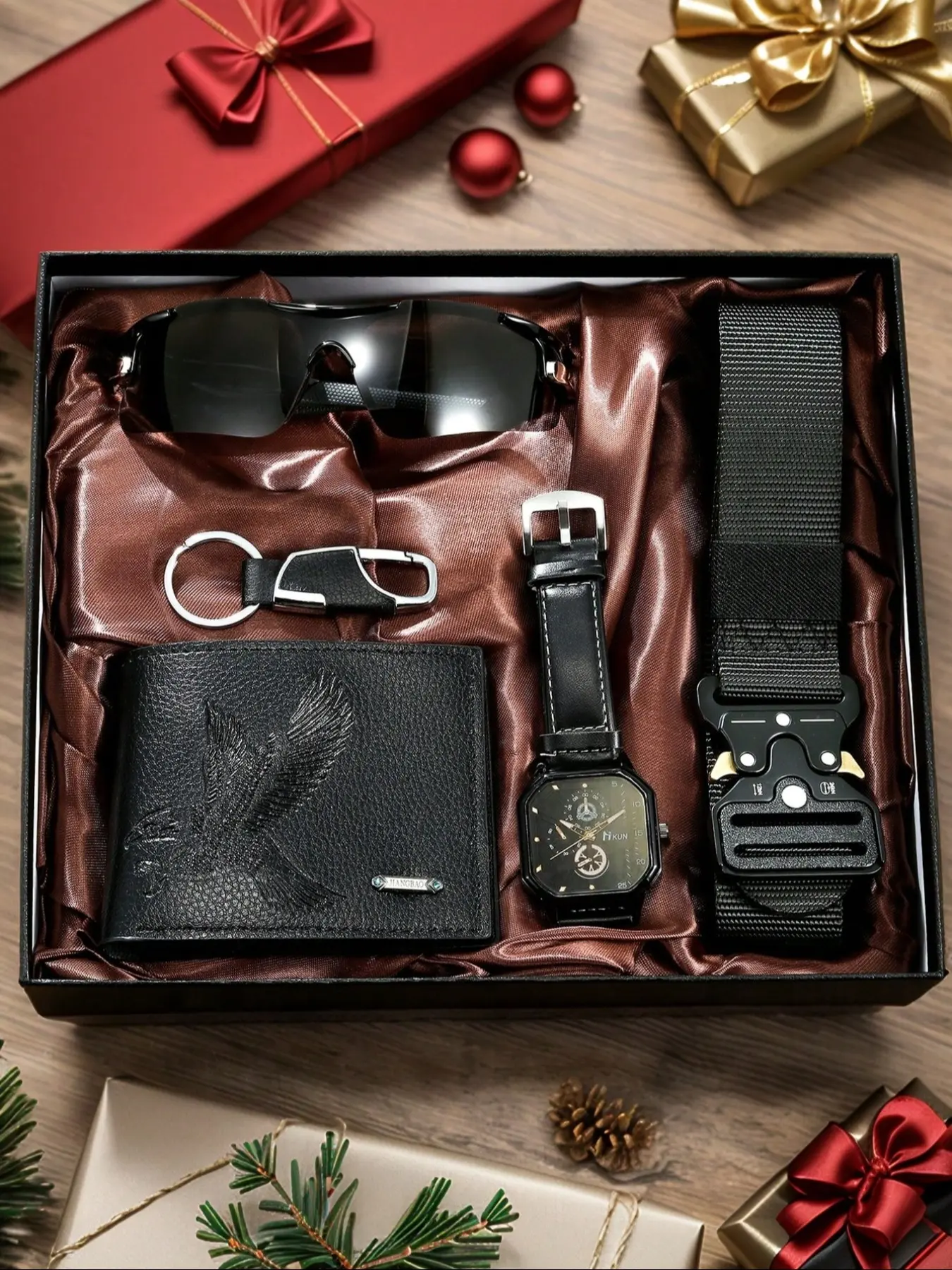 Men's 5-Piece Watch Set, Quartz Movement, Keychain, Belt, Sunglasses, Wallet, Perfect Business Casual Gift, Men Accessories