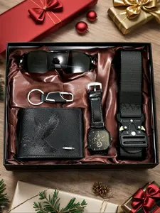 Men's 5-Piece Watch Set, Quartz Movement, Keychain, Belt, Sunglasses, Wallet, Perfect Business Casual Gift, Men Accessories