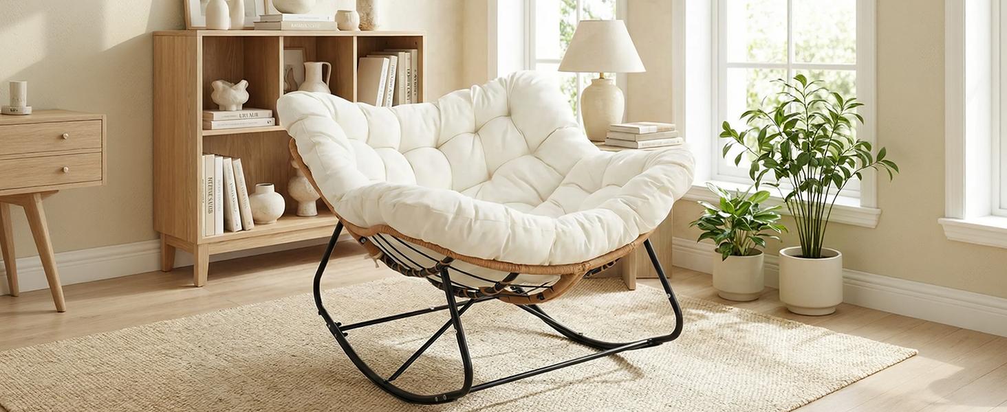 Arlopu Outdoor Papasan Rocking Chair, Oversized Padded Lounge Rocker with Cushion, Comfy Wicker Egg Lounge Chair, Large Indoor Rocking Recliner for Living Room/Porch/Garden