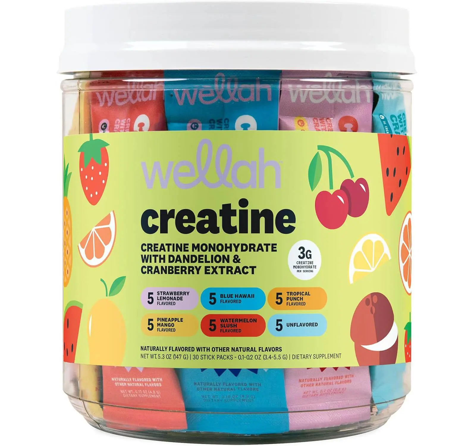 Wellah Creatine for Women (Variety Pack) 30 Stick Packs - 3g of Creatine Monohydrate Powder with Dandelion & Cranberry Extract, 6 Flavors, to-Go Packets