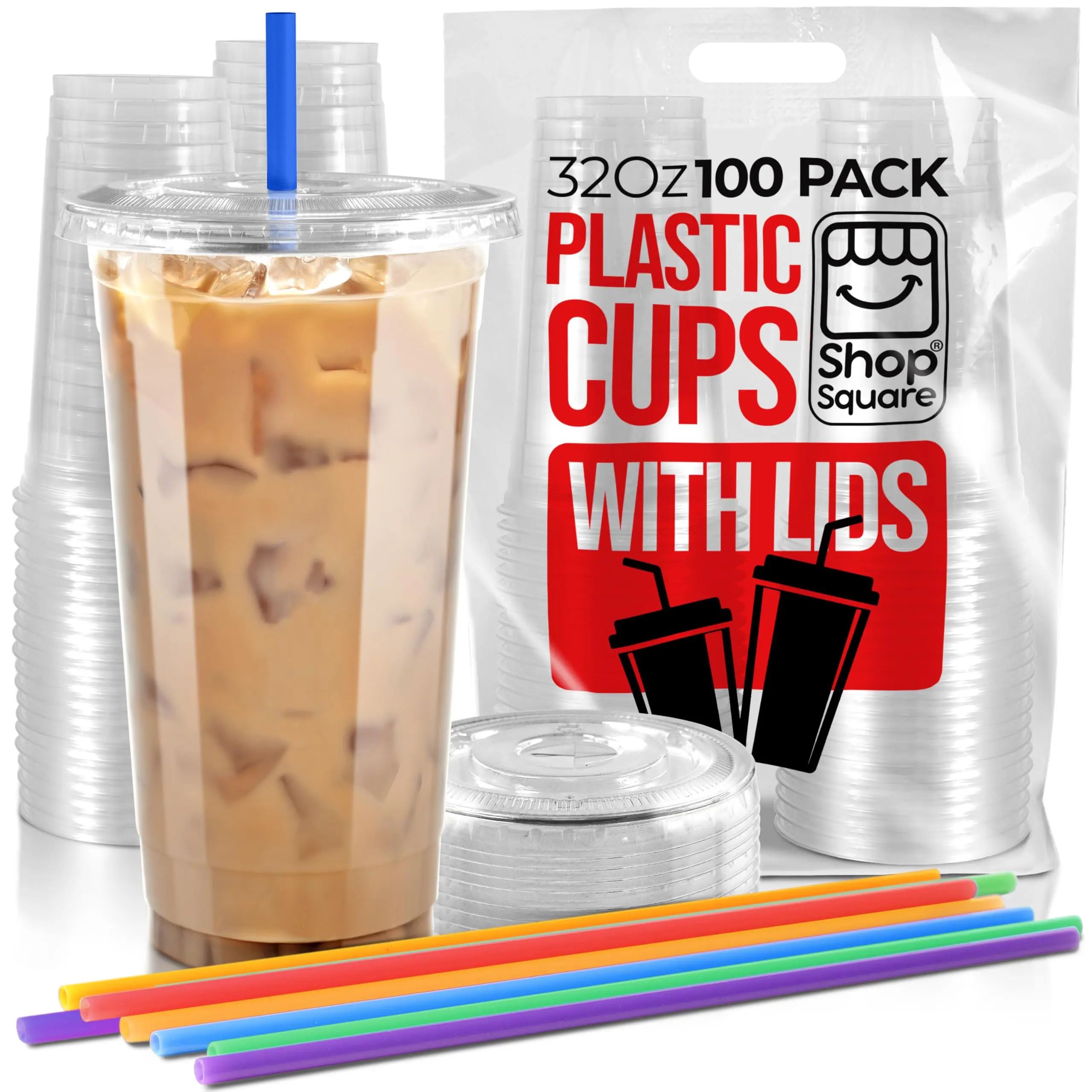 (100 Sets) 32 oz Cups with Lids and Straws, Clear Plastic Cups with Lids and Straws, Disposable Drinking Cups for Cold Drinks, Iced Coffee, Milk Shakes, Smoothies, Bubble Boba Tea