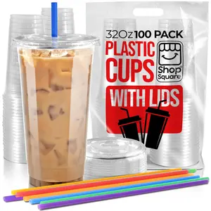 (100 Sets) 32 oz Cups with Lids and Straws, Clear Plastic Cups with Lids and Straws, Disposable Drinking Cups for Cold Drinks, Iced Coffee, Milk Shakes, Smoothies, Bubble Boba Tea