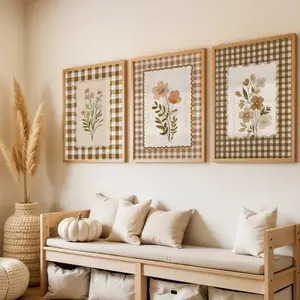 3 Pieces Optional Wooden Frame Nostalgic Wall Poster Classic Rustic Wildflower Art Print Brown Plaid Floral Canvas Painting Art Bedroom Hallway Decor Corridor Entryway Wall Embellishment Physical Photo Frame Adaptable Poster