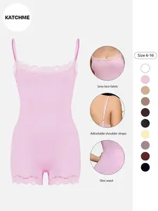 Lace Series Women's Spaghetti Strap Lace Trim Breathable Playsuit, Lightweight Solid Color Playsuit, Seamless Sport & Outdoor Clothing