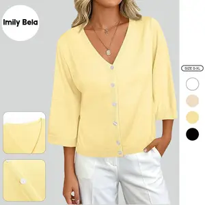 Imily Bela Womens Summer Lightweight Knit  Half Short Sleeve Cardigans  V Neck Button Down Casual Sweater Tops