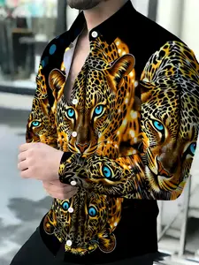 Men's Breathable Lapel Long Sleeve Cardigan with Blue Eye Leopard Reflection Print