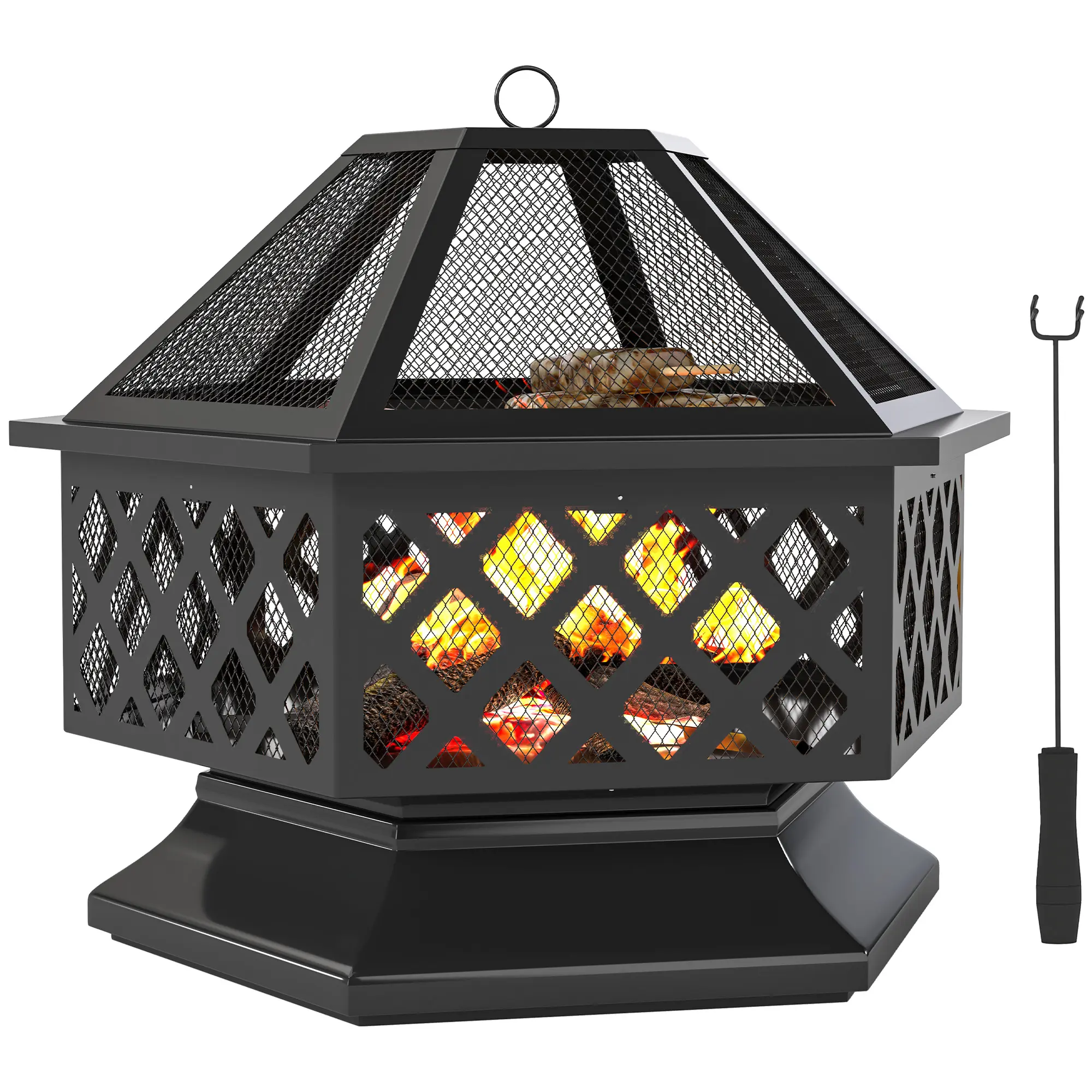 Outsunny 28" Outdoor Fire Pit Grill, Portable Wood Burning Firepit for Outside with Cooking Grate, Fire Poker, Spark Screen Lid, Steel Hexagon Fireplace for Patio Bonfire Backyard BBQ Camping Picnic