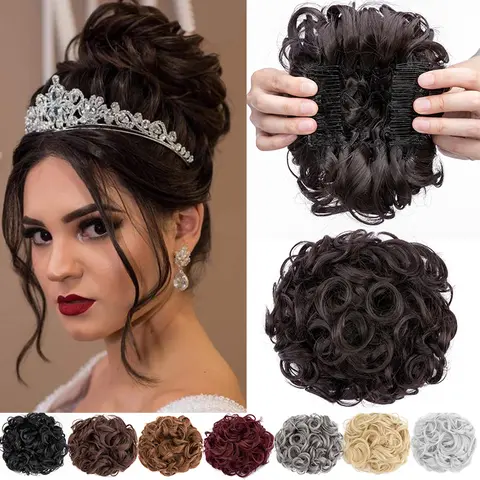 Elegant Curly Messy Bun Updo Hairpiece Thick Large Scrunchie Comb Clip in Ponytail Extension Synthetic Hair Chignon Clip In Hairpiece Wave Hairstyle Hairextensions