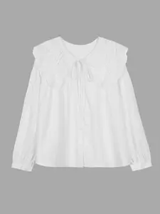 Women's Lace Peter Pan Collar Shirt Blouses, Bow Tie Bubble Sleeve Long Sleeve Loose Top, Spring Summer Sweet Youthful Style
