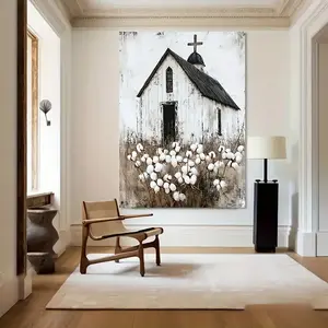 Modern Farmhouse White Church with Black Roof and Cross Canvas Wall Art - Rustic Wood Frame Wrapped Canvas Painting, Farmhouse Home Decor for Living Room, Bedroom, Office . Ornaments Artistic Decoration Photo Print poster Modern Minimalist Design