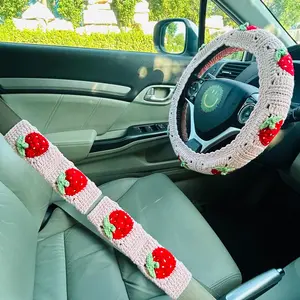 Strawberry Pattern Car Steering Wheel Cover & Seat Belt Cover, Handmade Crochet Car Interior Decoration Set, Girly Car Interior Sets, Car Accessories for Women