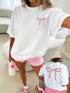 Women's Bowknot Print Round Neck Tee, Casual Chic Minimalist Short Sleeve Crew Neck T-shirt for Summer, Fashion Women's Top for Daily Wear, Lady Tshirt