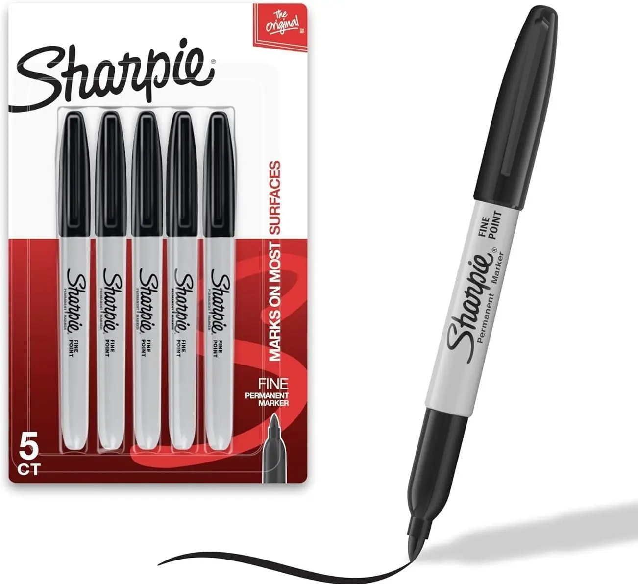 Sharpie Permanent Markers, Fine Tip, Black, 5 Count - Quick Drying, Fade Resistant