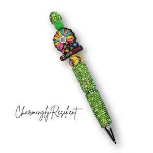 CharminglyResilient Autism Love Rhinestone Pen with Refill - Green Rhinestone Design