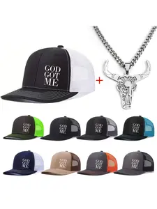 Unisex Baseball Cap & Bull Head Necklace Set, God Got Me Letter Printed, Fitted Design, All-Season Wear, Casual Style