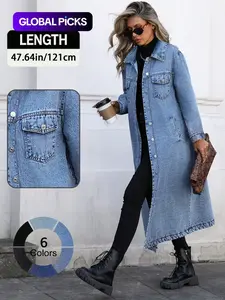 Women's Button Front Denim Coat, Elegant Casual Long Sleeve Outerwear for Spring & Fall, Women's Clothing for Daily Wear Jackets, Womenswear