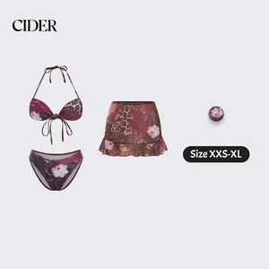 Cider 3 Piece Set Halter Neckline Leopard & Floral Graphic Knotted Bikini Set With Ruffled Skirt