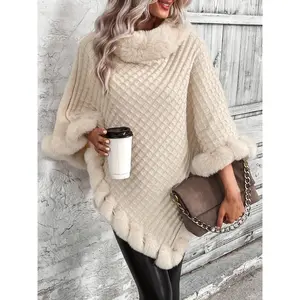 Winter Chic Fur-Trim Turtleneck Sweater - Cozy Long Sleeve, Hanky Hem Design - Perfect for Cold Weather