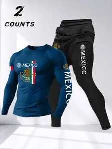 Men's Mexico Theme Letter Flag Print Set, Athletic Tracksuit Set, 2-Piece Long Sleeve Tee and Faux Layered Pants, Casual Sportswear for Fall & Winter