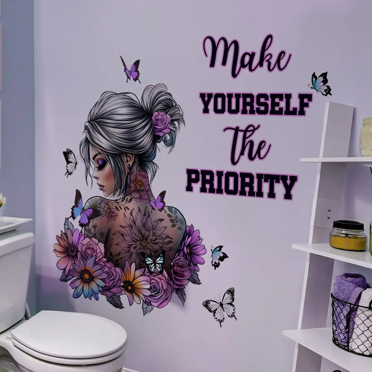 Beautiful Woman Floral Flower Butterfly Wall Decals with Inspirational Quote - Removable Waterproof Decorative Wall Stickers for Bedroom, Living Room, Entryway & Home Decor, Wall Art Stickers, Adhesive Stickers