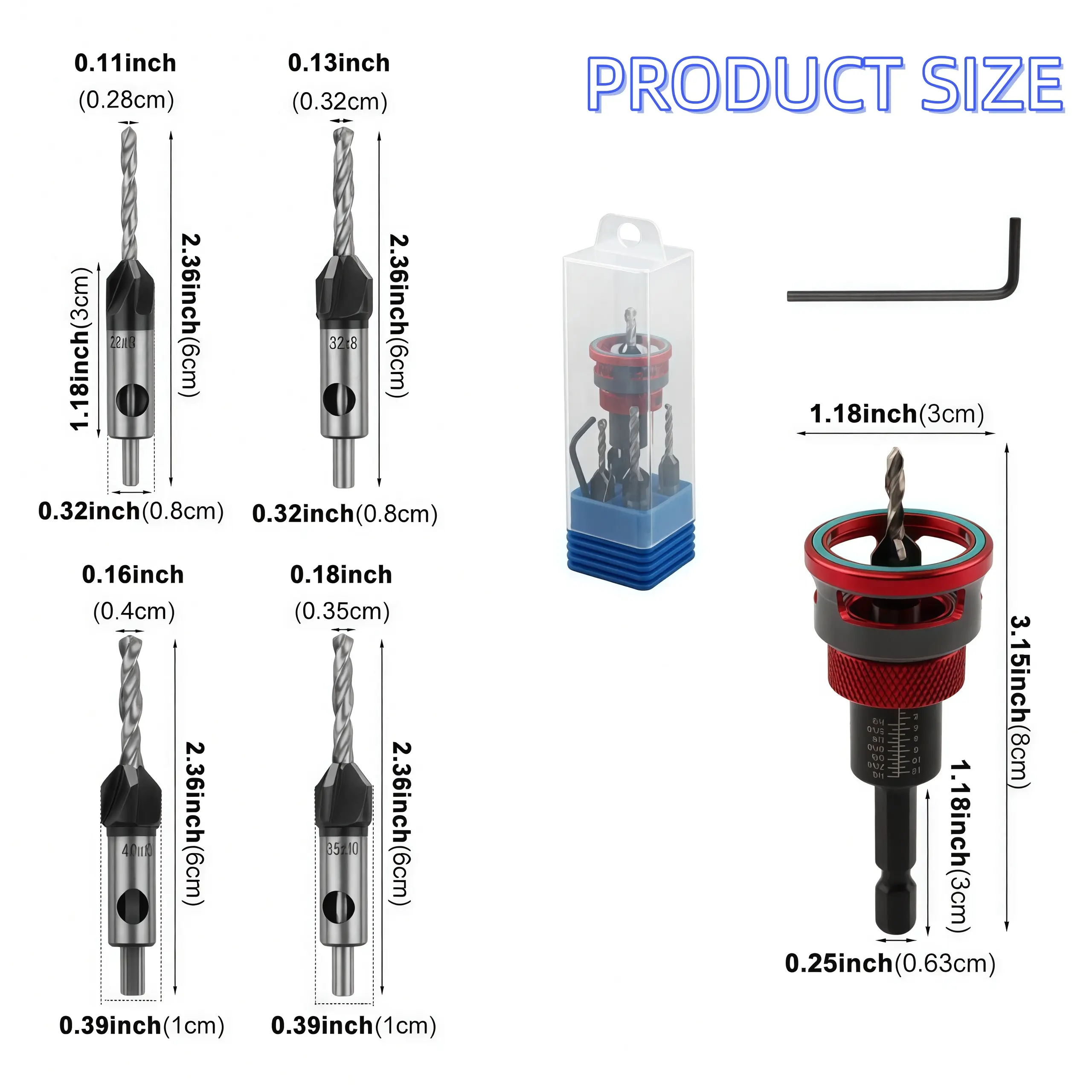 4-Flute HCS Countersink Pilot Drill Bit 4-Size Kit with Adjustable Depth Control Auto-Stop Collar - Ideal Gift for DIY Enthusiasts, Woodworking Projects on Wood, Plywood, MDF, Plastic