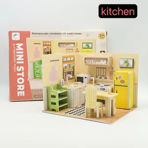 Handmade 3D House Puzzle DIY Mini Model Kit, Creative Kitchen Living Room Ice Cream Shop Coffee Cake Store Scene, Birthday Gift for Kids