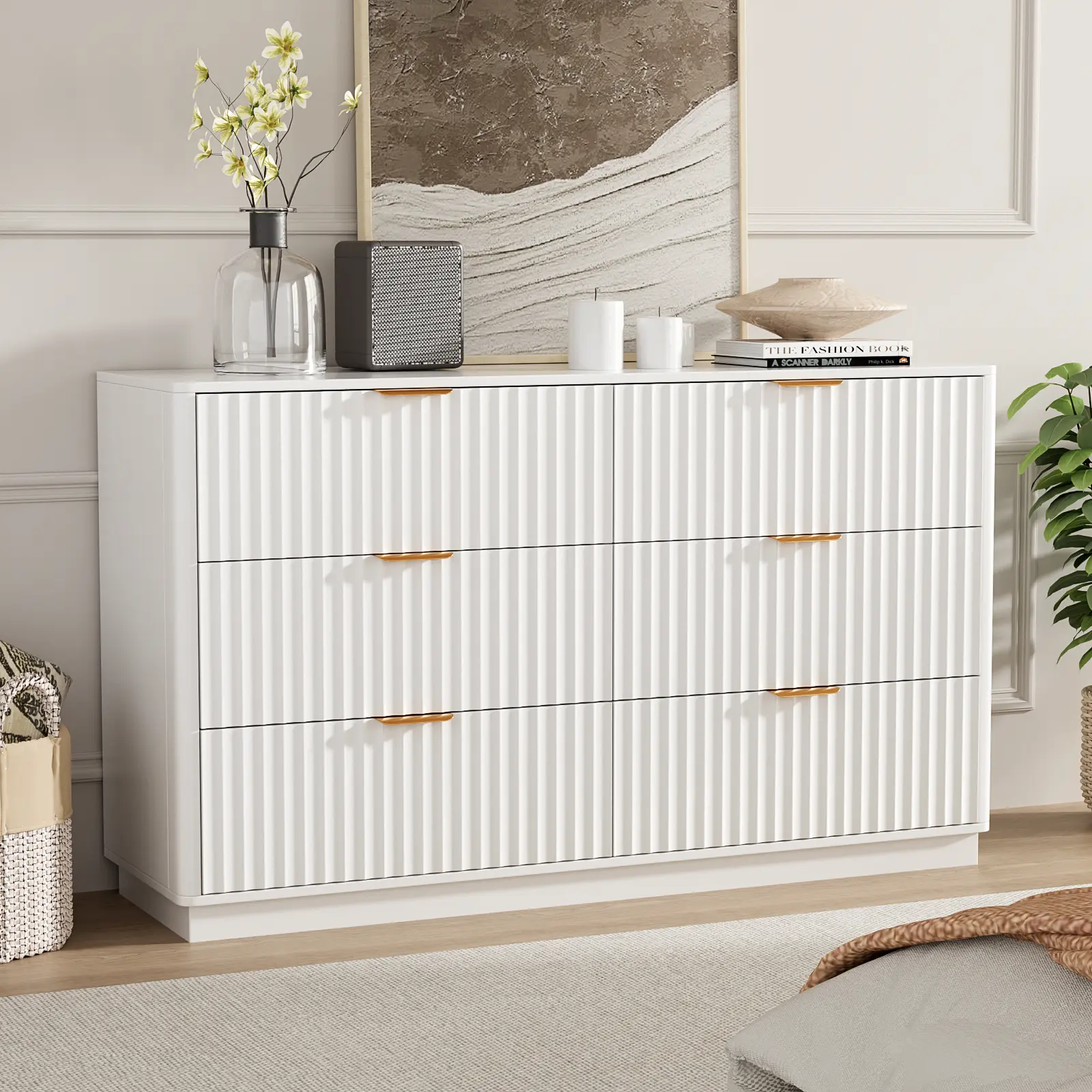 VOWNER Fluted 6-Drawer Dresser Chest - Furniture with Brushed Metal Handles, Rounded Edges, Waterproof Thick Top, Deep Wide Storage Organization for Bedroom/Entryway Modern Accent Cabinet, Bedroom Dresser