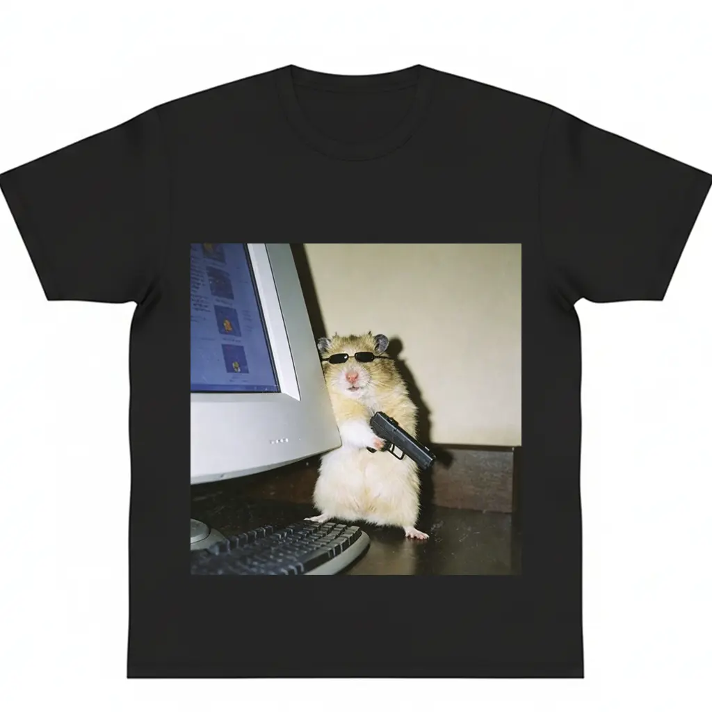 oversize cotton Funny Animal Graphic Tee Cyber Hamster T-Shirt Unisex Meme Cringe Funny tees y2k Fashion funny Gift Streetwear Casual  top trending Machine Wash Safe