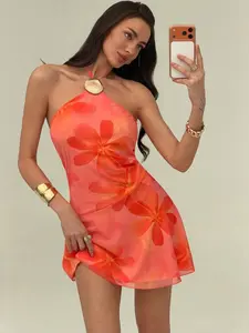 Women's Floral Print Halter Tie Mini Dress, Suitable For Vacation, Dates, Outings Summer Outfits Summer Clothes Summer Outfits For Women Summer Holiday Outfits Summer Summer Dress Summer Dresses For Women Vacation Vacation Outfits Women Holiday Ou