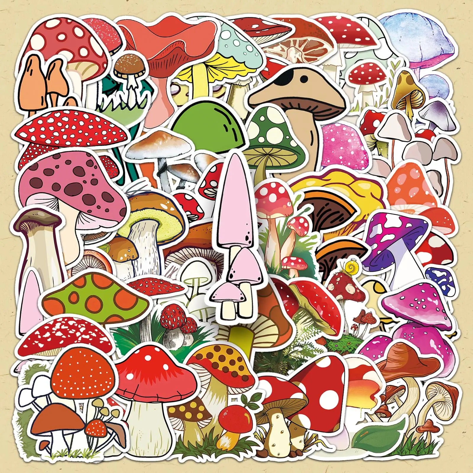 Mushroom Pattern Sticker, 50pcs/set Cartoon Mushroom Decorative Sticker, DIY Decals for Water Bottle, Laptop, Phone Case, Cellphone, Scrapbooking, Journal Making