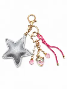 Silver Star Faux Leather with Strawberry Charm and Gold Hardware - Cute Keychain and Bag Charm